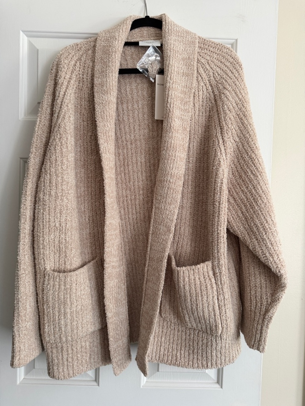 Kashwere Shawl-Collar Open-Front Cardigan Sweater in Light Beige